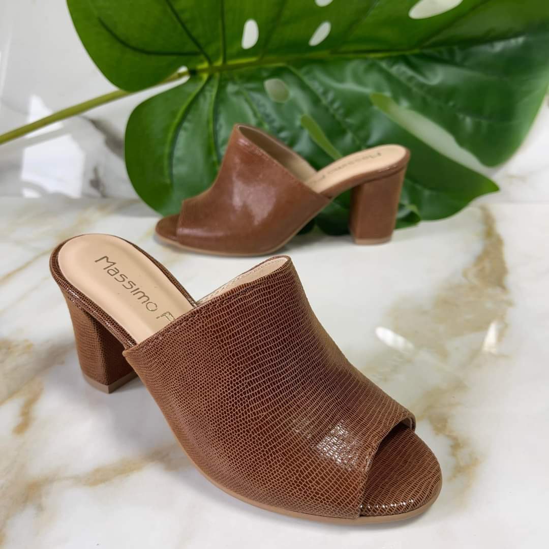 Brown leather open toe mules set on a block heel
