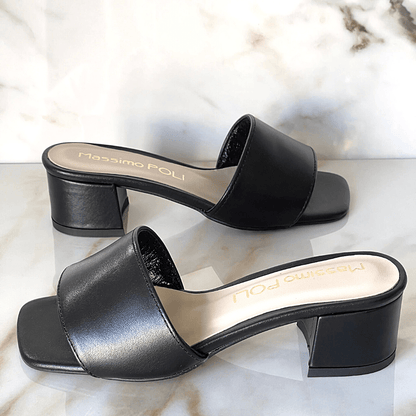 Black leather block heel women sliders