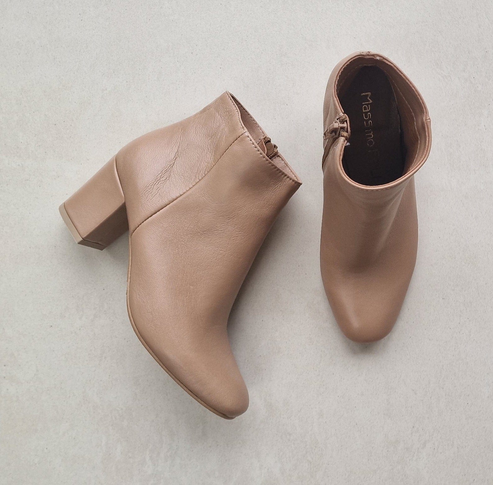Almond toe mid heel ankle boots in nude leather