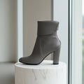 Soft grey leather calf boots with fold-over panelling, 8cm block heel, zip fastening, and leather insole for petite feet