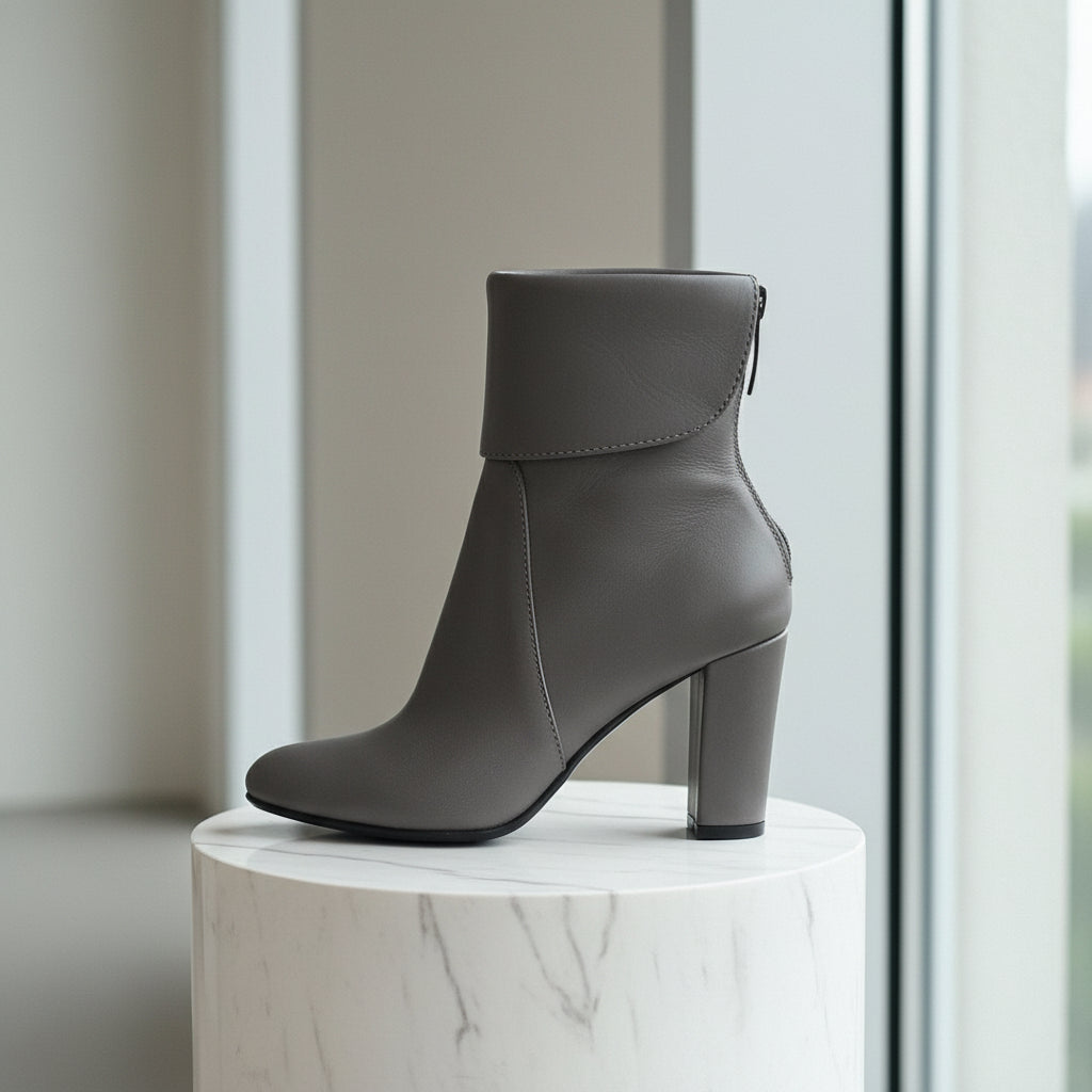 Soft grey leather calf boots with fold-over panelling, 8cm block heel, zip fastening, and leather insole for petite feet