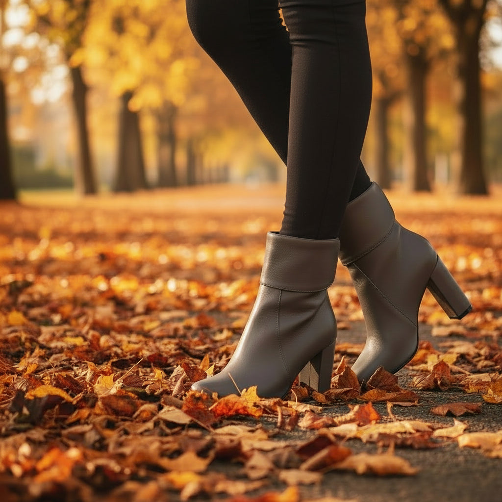 Grey leather calf boots with fold-over detail worn standing, showcasing silhouette and heel height