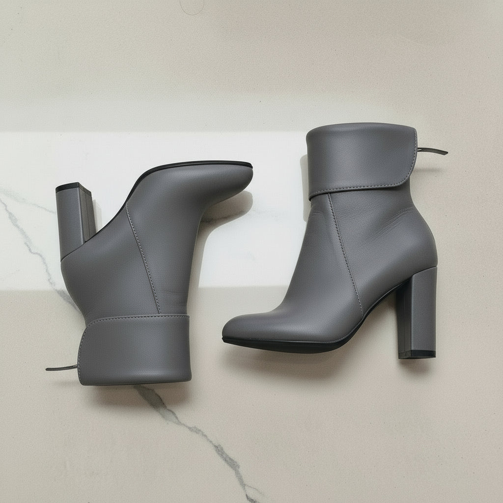 Pair of grey leather calf boots with distinctive fold-over panelling and rear zip fastening
