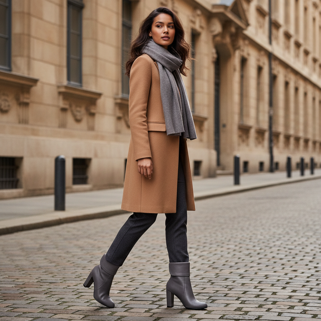 A woman walking on a cobblestone street wearing a camel-colored coat, a gray scarf, dark gray pants, and gray heeled ankle boots, with a beige stone building in the background.