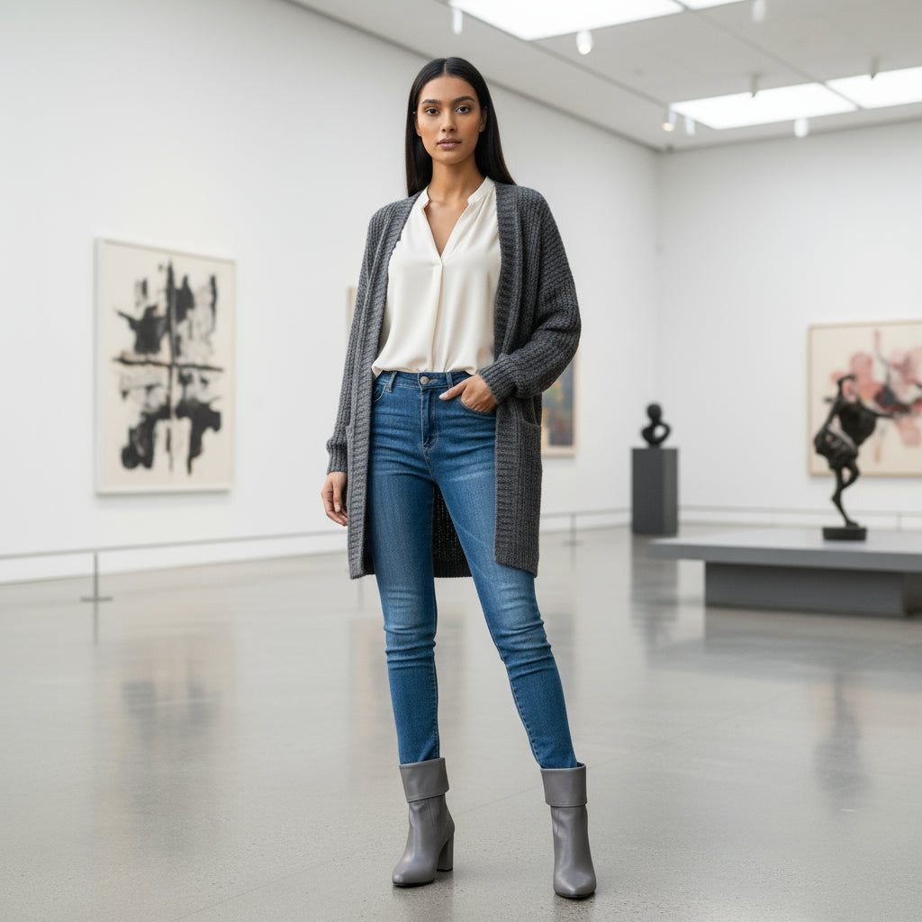 Grey leather calf boots with fold-over detail worn standing, showcasing silhouette and heel height