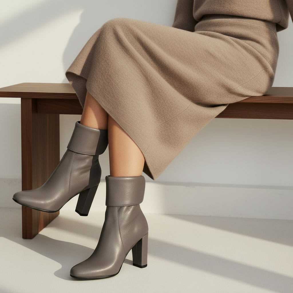 A person seated on a wooden bench wearing taupe ankle boots with chunky block heels and a matching taupe knit midi skirt, photographed in a bright minimalist interior.