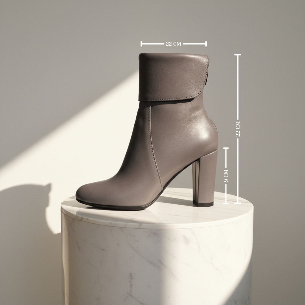 A grey leather ankle boot with a block heel and wrap-around strap detail, displayed on a white marble pedestal with dimension lines indicating measurements of 22 cm width, 75 cm height, and 9 cm heel.
