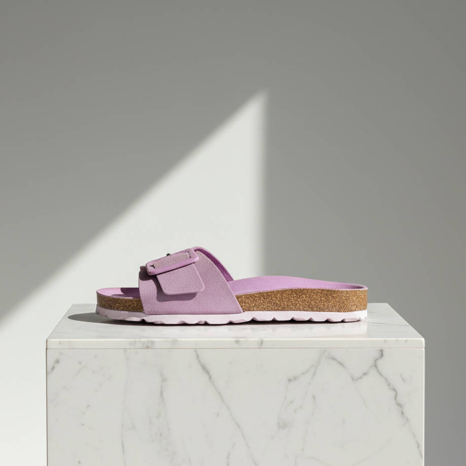 A single lavender-purple slide sandal with a cork midsole and white outsole, displayed on a white marble pedestal against a gray background with a diagonal light shadow.