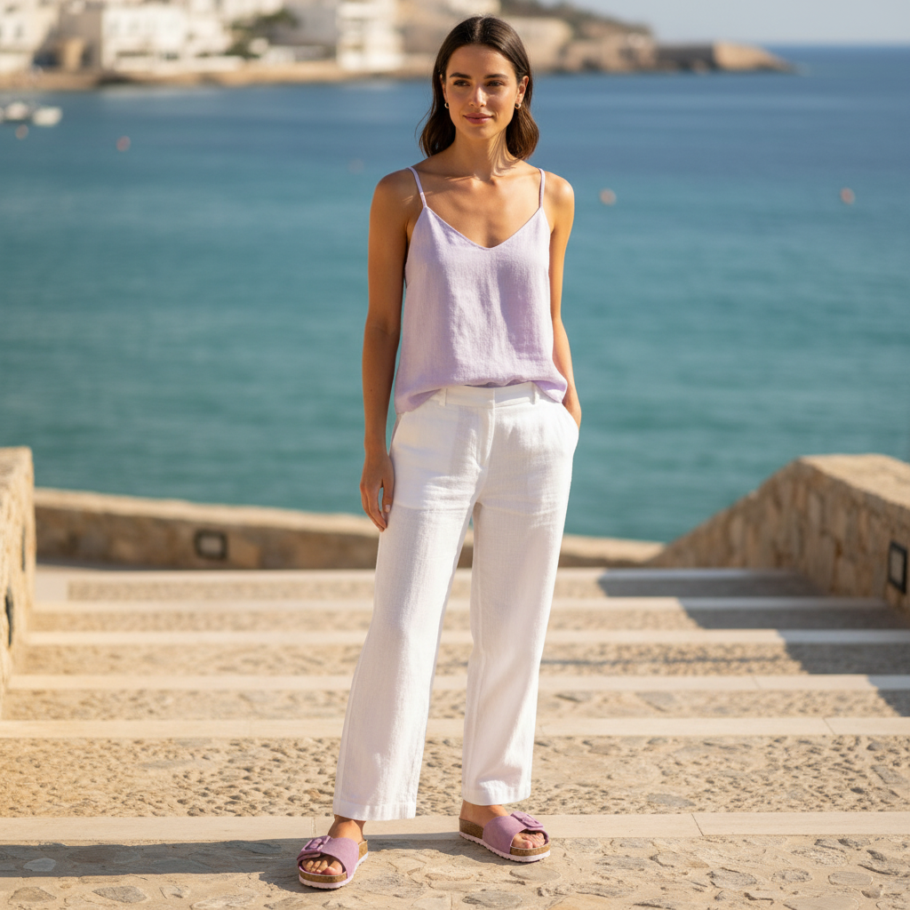 A woman stands on stone steps overlooking a blue sea, wearing a light lavender sleeveless camisole top, white wide-leg pants, and matching lavender slide sandals.