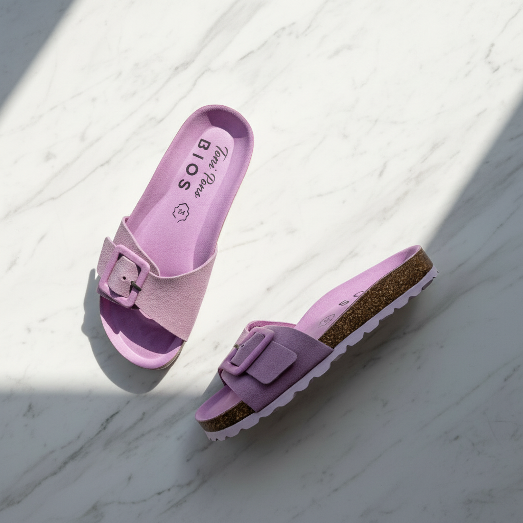 A pair of light purple slide sandals with wide straps and square buckles, displayed on a white marble surface with diagonal shadows. One sandal is shown from the top view, revealing a pinkish-purple footbed with the brand name 'BLOOM' printed on it, and the other is shown from the side profile, displaying a cork midsole and a wavy white outsole.
