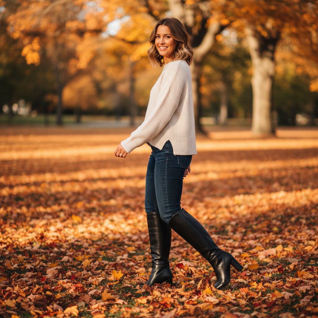 MAZIE black leather knee‑high boots flat lay — 8cm block heel, leather lining, sleek toe.