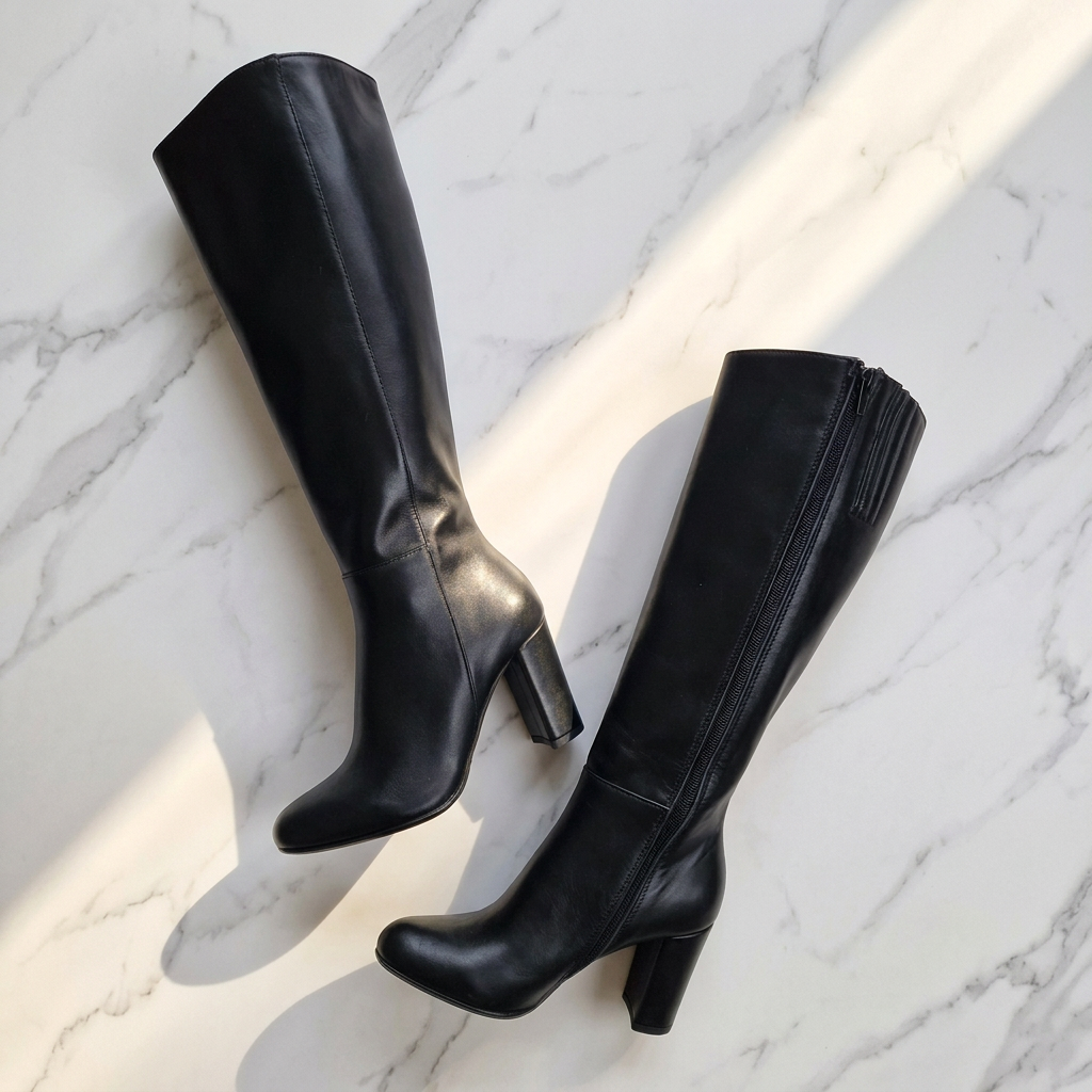 Mazie black leather knee high boots with high blocjk heels placed on a white marble floor.