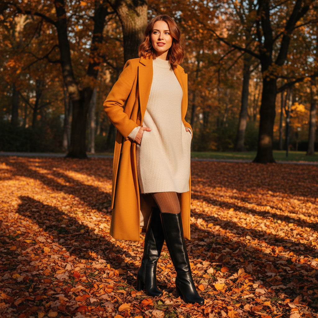 Woman in a mustard coat and black knee-high boots standing in an autumn park.