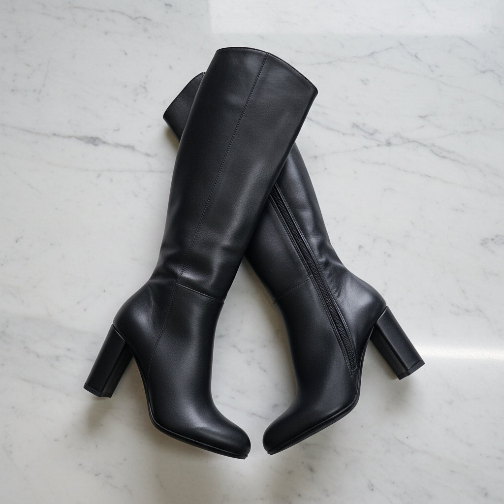 MAZIE side profile showing zipper and 8cm block heel on a black leather knee‑high boot.