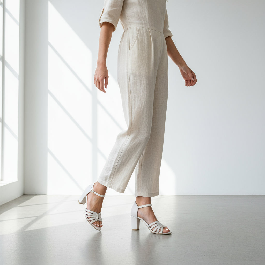 Woman wearing petite ankle strap sandals in nude leather