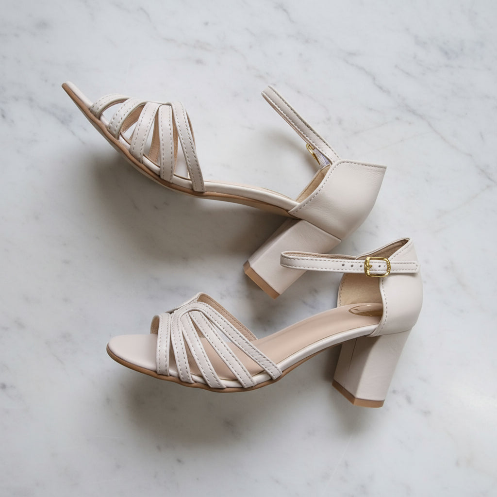 Pair of beige high-heeled sandals on a marble surface