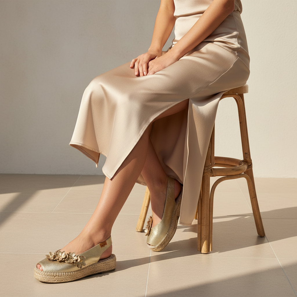 A model wearing a beige satin midi skirt and matching top sits on a wooden stool, wearing metallic gold espadrille flats with floral embellishments on the straps.