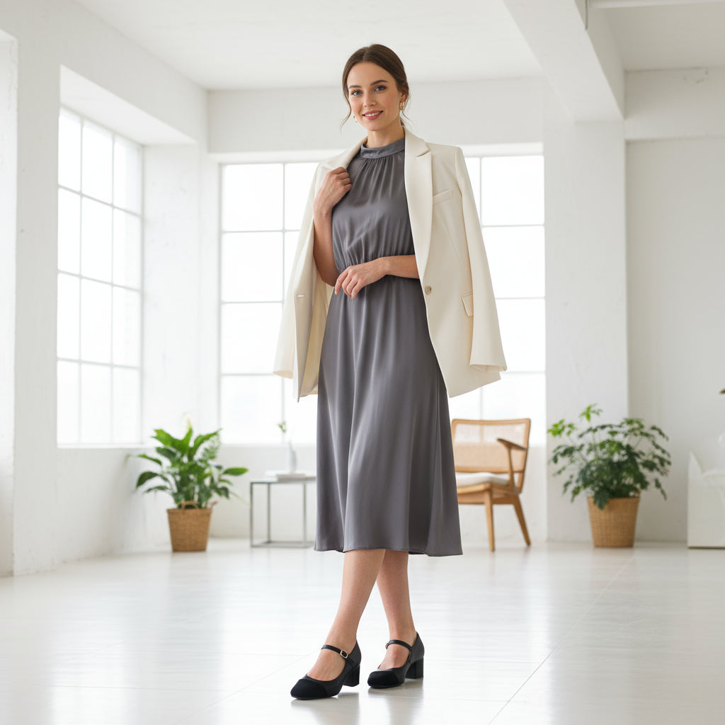 MILA black leather Mary Janes with suede toe caps worn on feet against greenery, showing ankle strap and 4.5cm heel.