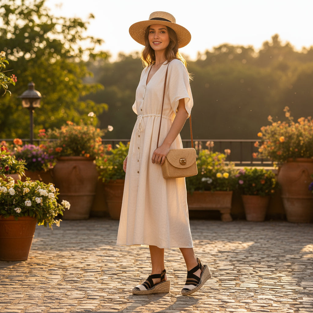 Petite striped cotton espadrilles with jute wedge heel, elastic straps, and padded insole.

