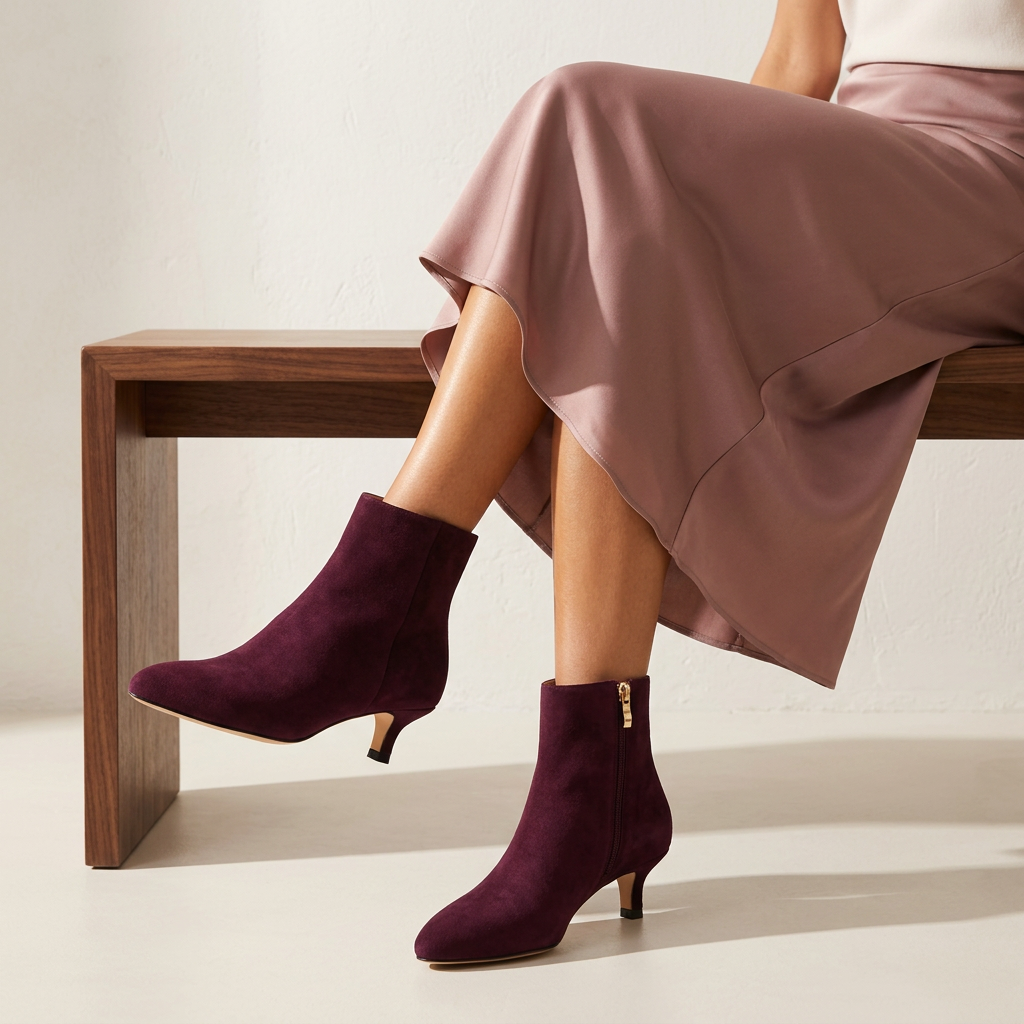 A person seated on a wooden bench wearing deep burgundy suede ankle boots with kitten heels and a flowing mauve skirt against a light neutral wall.