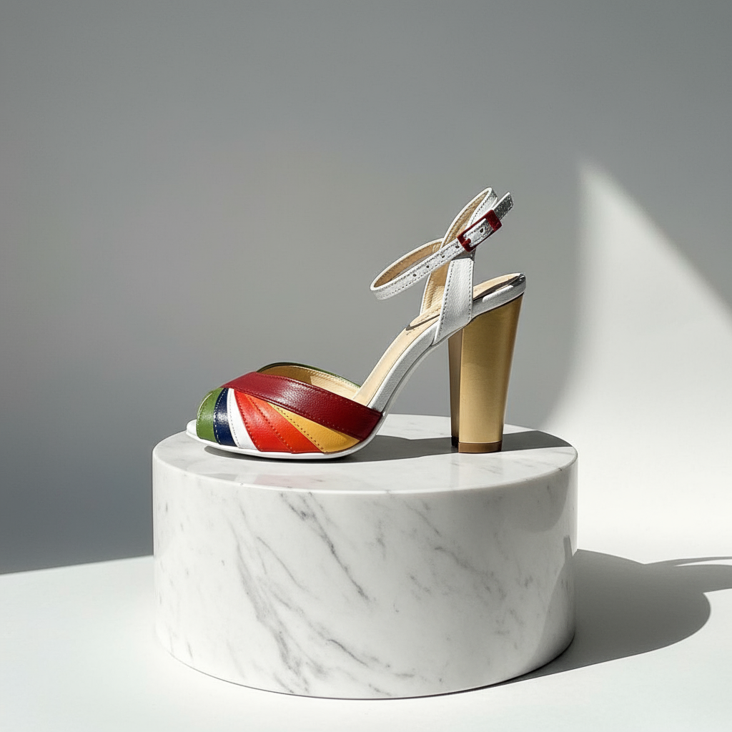 Colorful high-heeled shoe on a marble stand with a neutral background