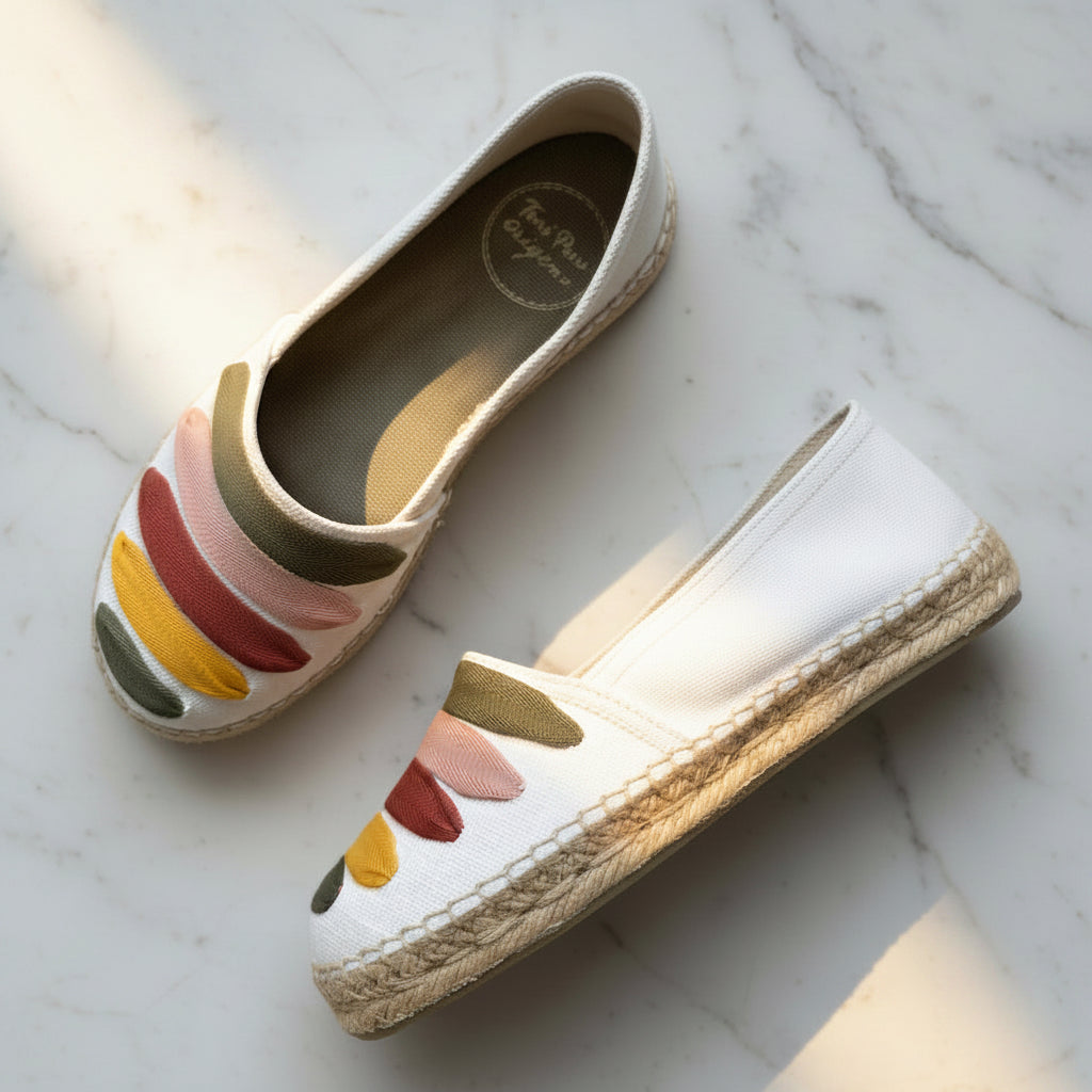 A pair of white espadrille wedge shoes with colorful painted accents, displayed on a light marble surface.