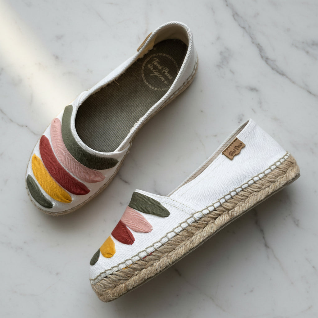 Pair of white espadrilles with colorful floral patterns on a gray surface