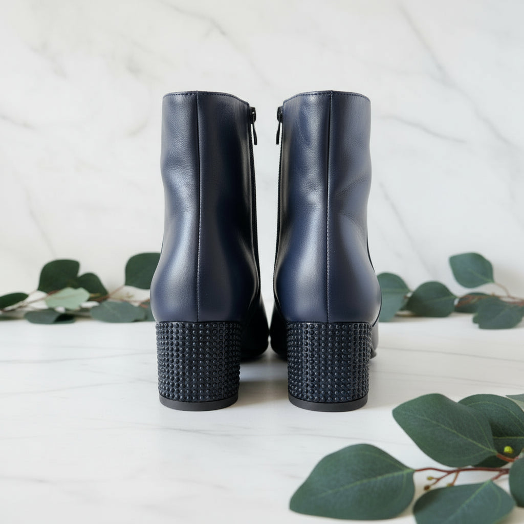 Block heel boots with studs in navy leather in petite size.