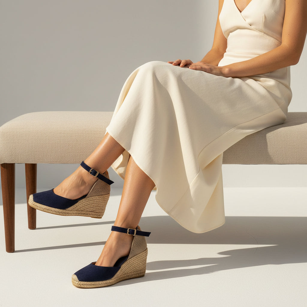 A woman seated on a light beige bench wearing navy wedge espadrilles with braided jute heels and ankle straps, paired with a cream midi dress in a bright studio setting.