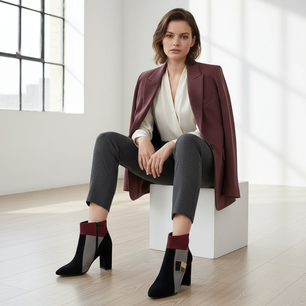 Woman sitting on a white cube wearing a burgundy coat, white top, gray pants, and black ankle boots with red accents.