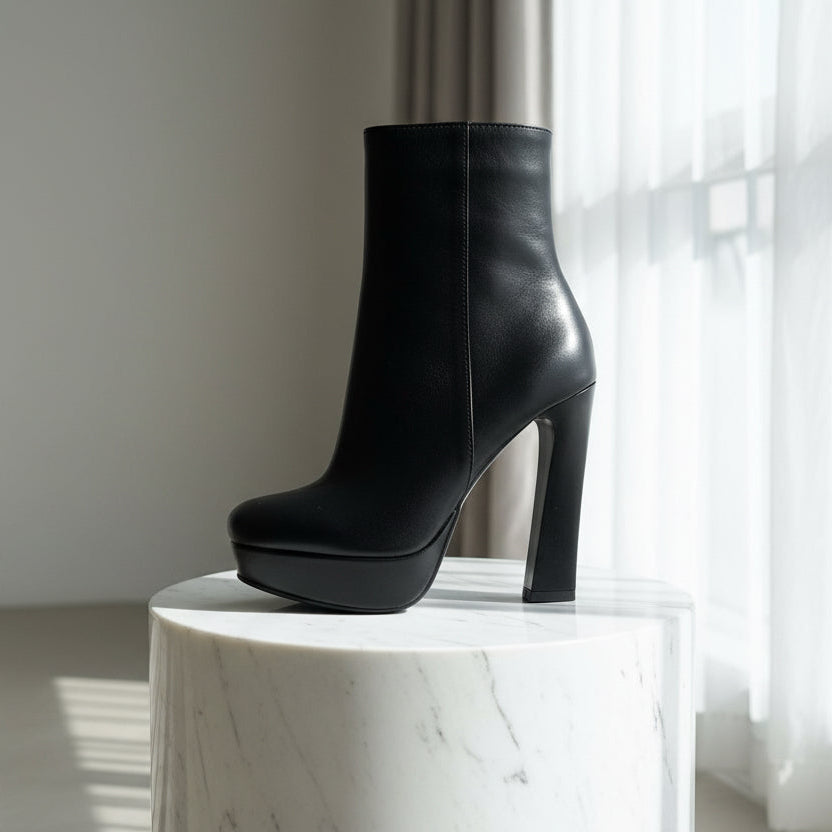 Black high-heeled ankle boot on a marble surface with a neutral background