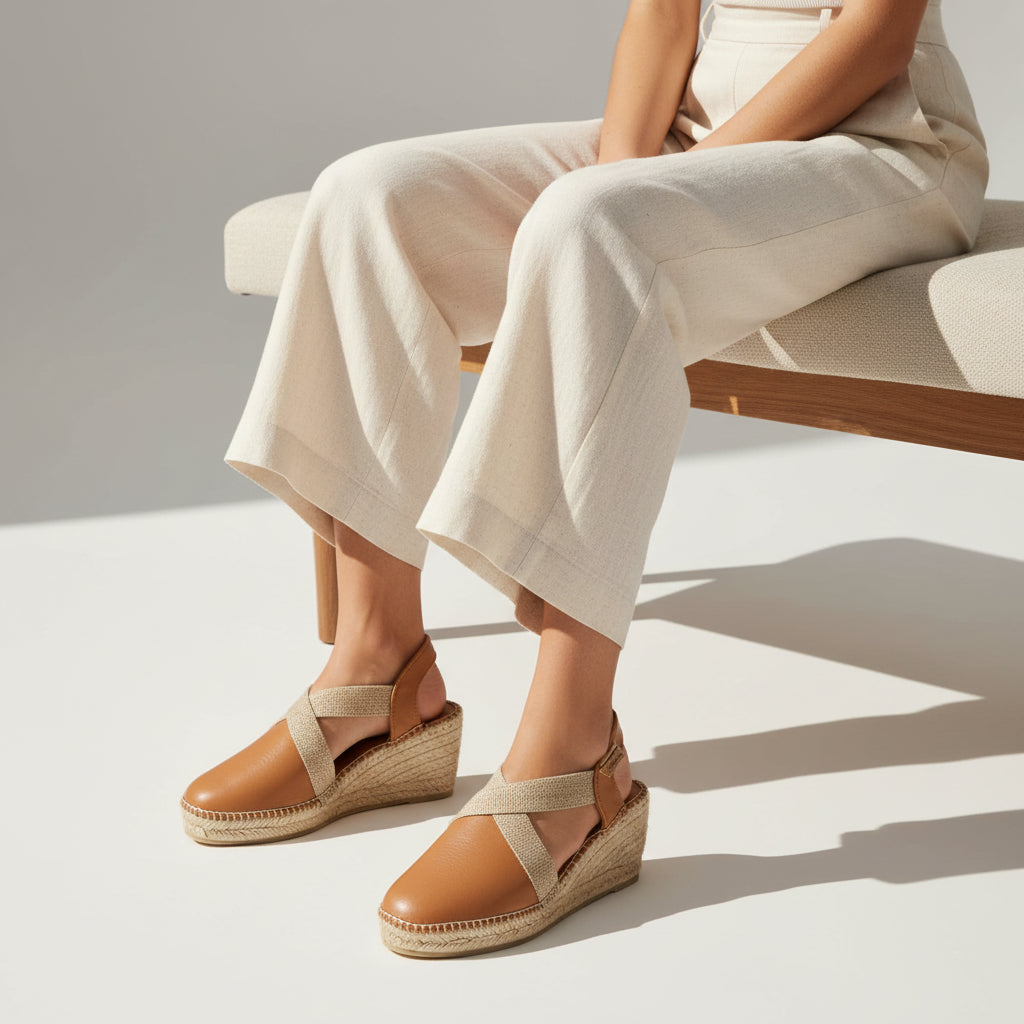 A person seated on a light upholstered bench wearing tan wedge espadrille sandals with beige woven straps and off-white wide-leg pants in bright natural light.