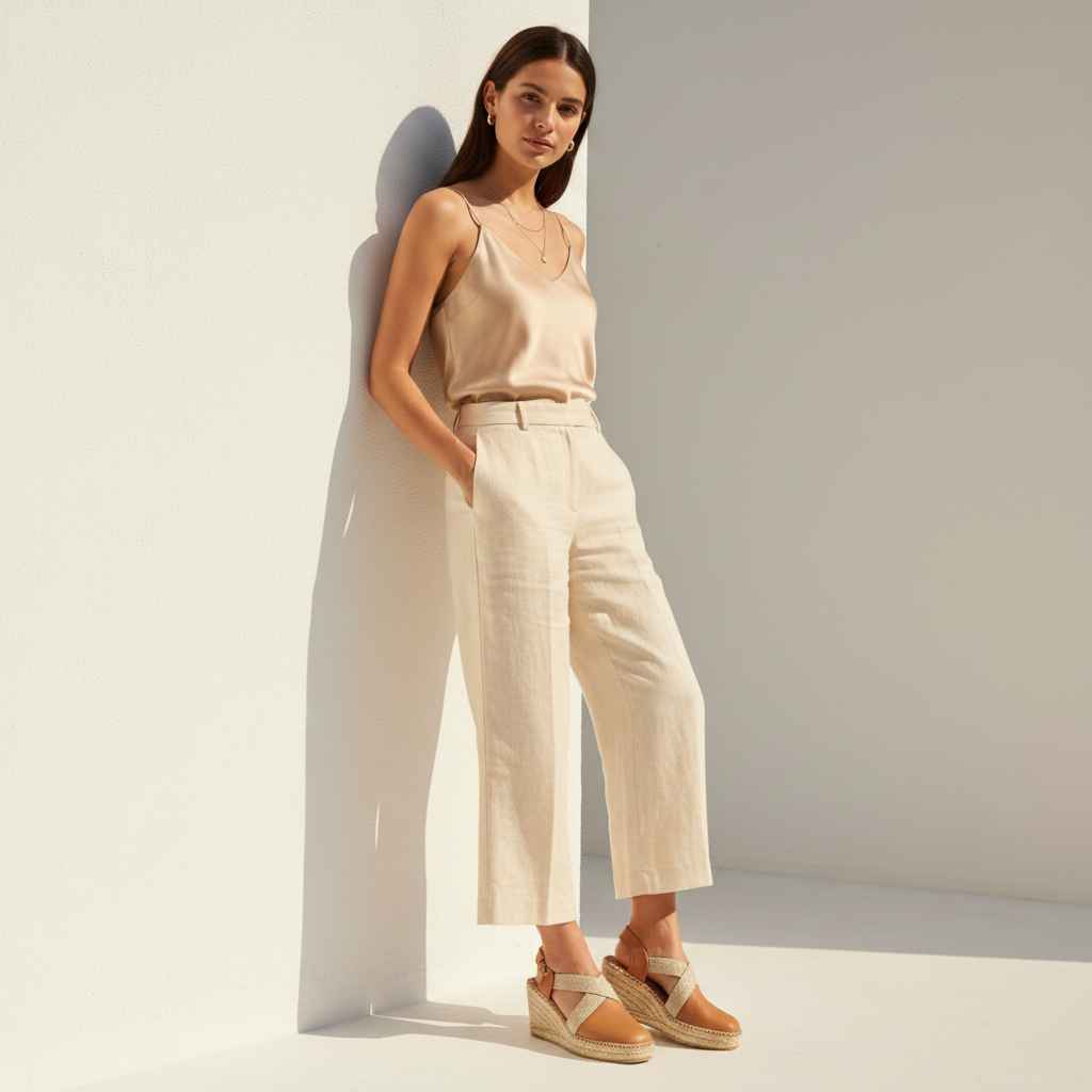 A woman stands in a minimalist studio setting wearing a light beige satin camisole top, matching wide-leg cropped trousers, and beige wedge sandals, leaning against a white corner wall.