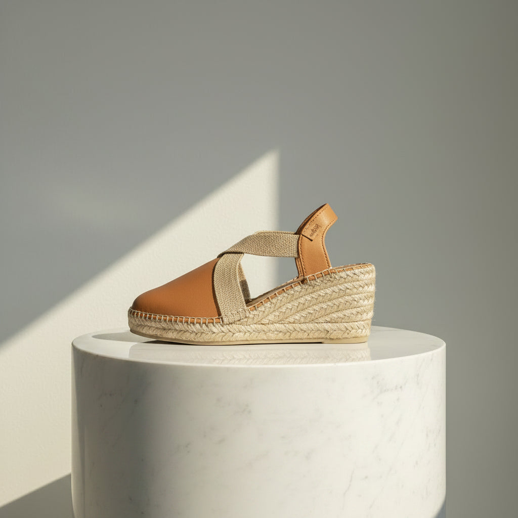 A single women's espadrille wedge sandal with tan leather and beige canvas straps, displayed on a white marble pedestal against a gray background with a diagonal sunbeam.