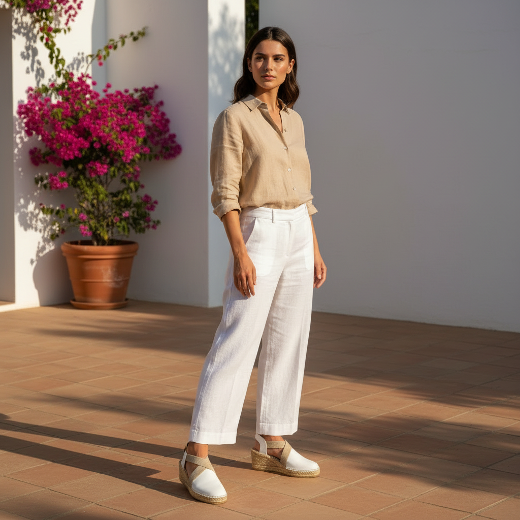 A woman stands outdoors in a sunlit courtyard wearing a beige button-up shirt, white wide-leg cropped pants, and white wedge espadrilles. A large potted pink flowering plant is visible in the background against a white wall.