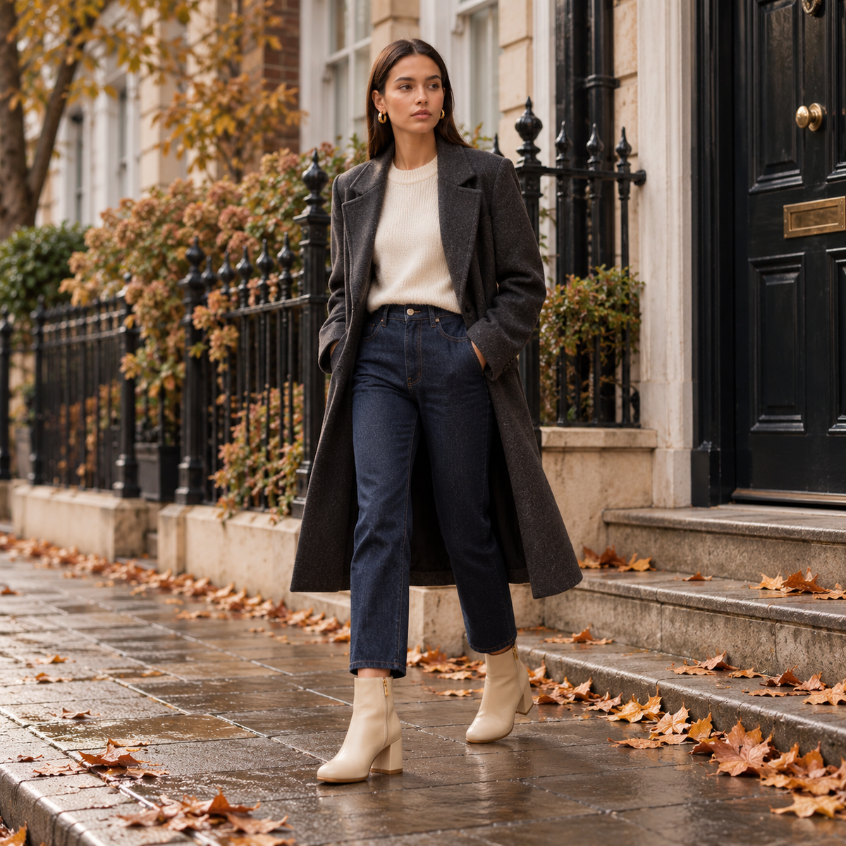 Petite woman wearing NOVA beige leather ankle boots with block heels, styled in a chic autumn outfit on a city street.
