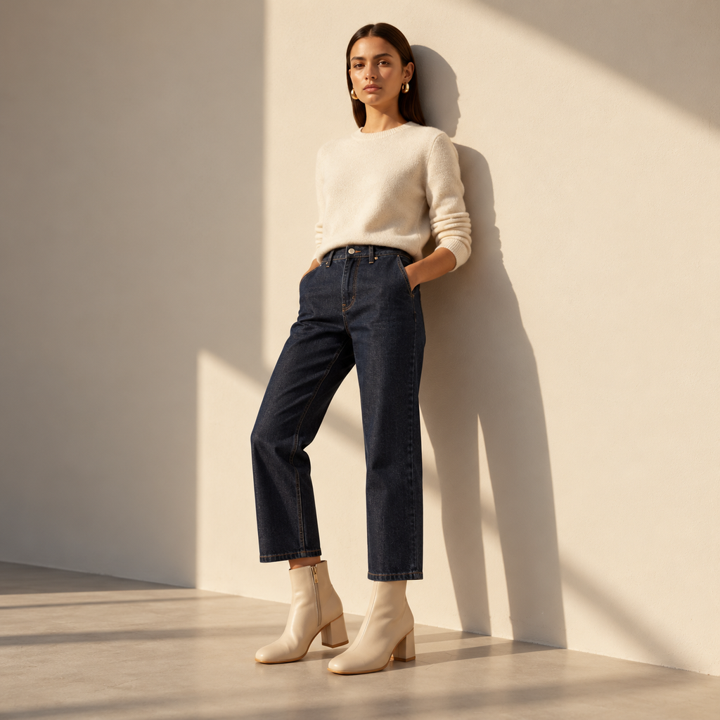 Petite woman modelling NOVA beige leather ankle boots with block heels, styled in an elegant neutral outfit for a sophisticated everyday look.