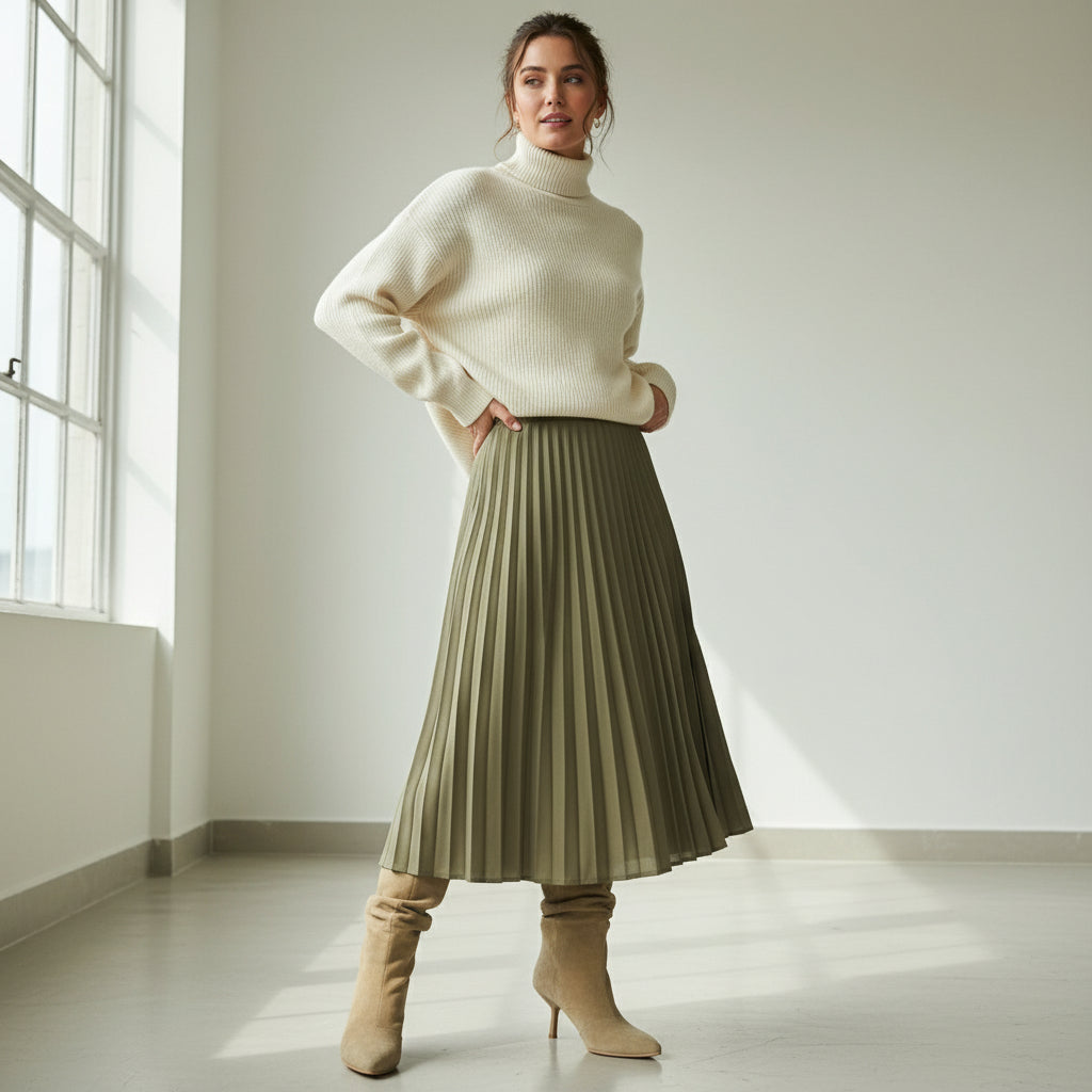 Model wearing  beige suede boots and green khaki midi skirt with cream jumper.