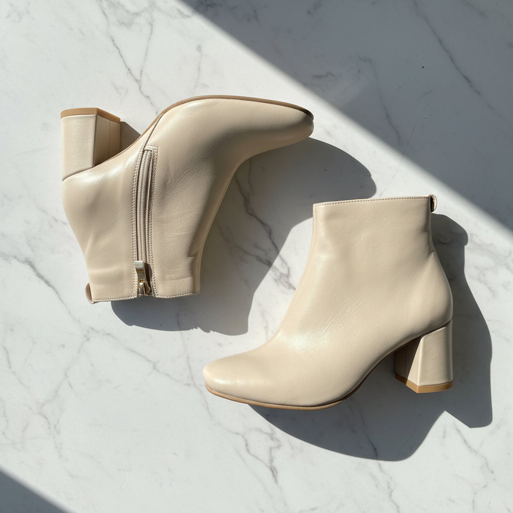 A pair of beige leather ankle boots with block heels and side zippers, arranged on a white marble surface with sharp diagonal shadows.