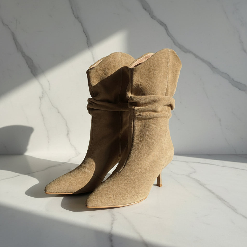 Pair of beige high-heeled boots on a light marble surface with a soft shadow.