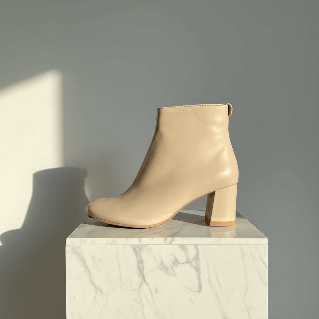 A beige leather ankle boot with a chunky block heel and a small pull tab at the back, shown from a side profile on a white studio background.