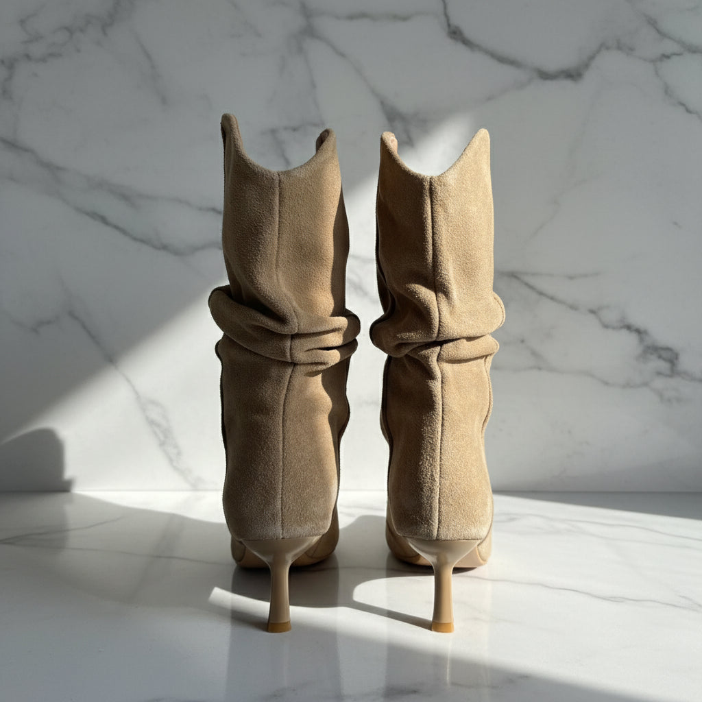 Pair of beige suede cowboy boots on a light background