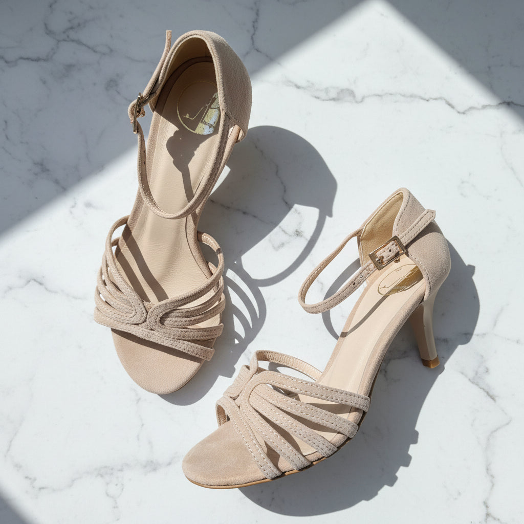 A pair of beige suede-like strappy high-heeled sandals with ankle straps, arranged on a white marble surface with sharp sunlight shadows.