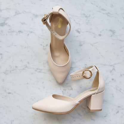 Block kitten heel ankle strap court shoes in nude leather.