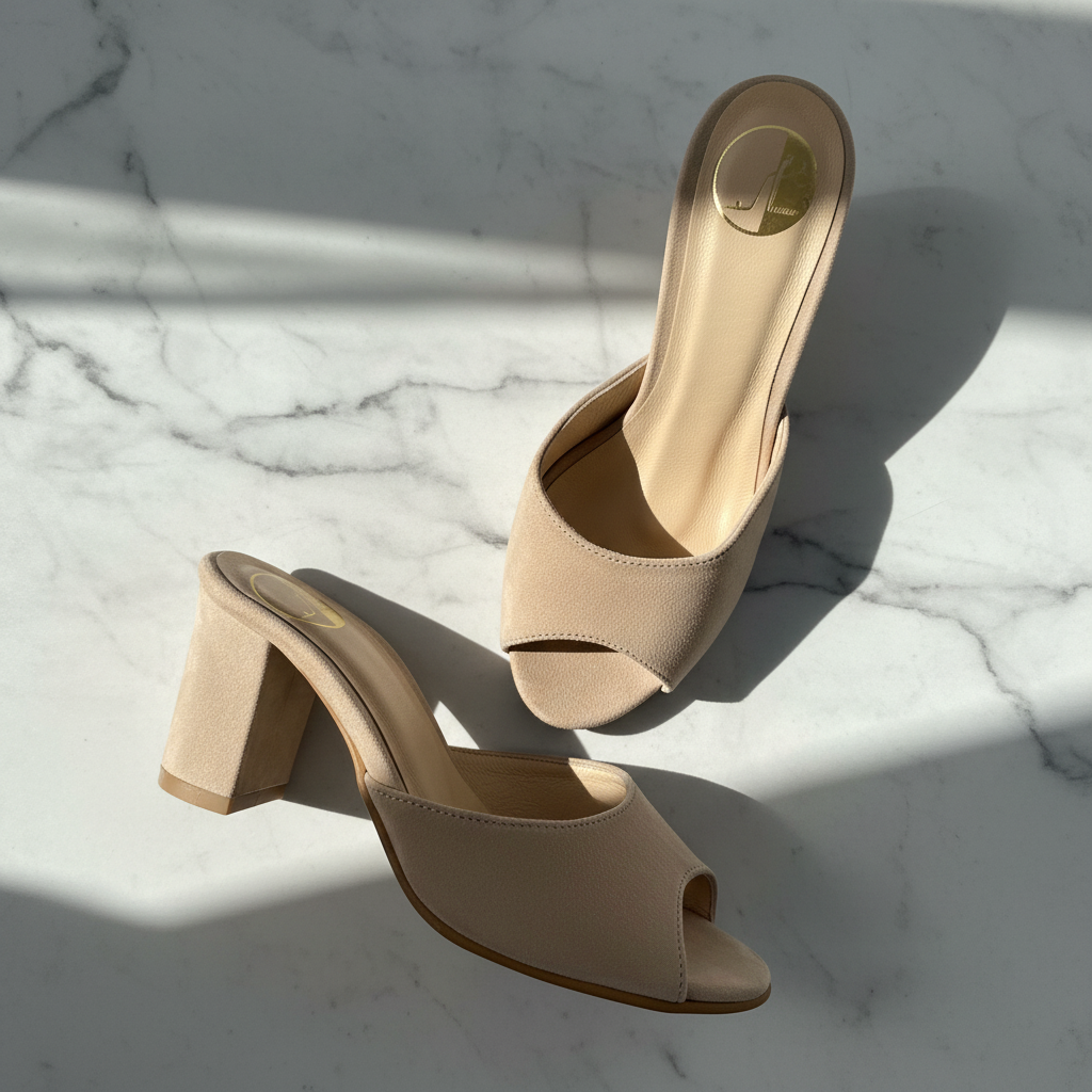 Open toe block heel petite mules in nude suede on a white marble.