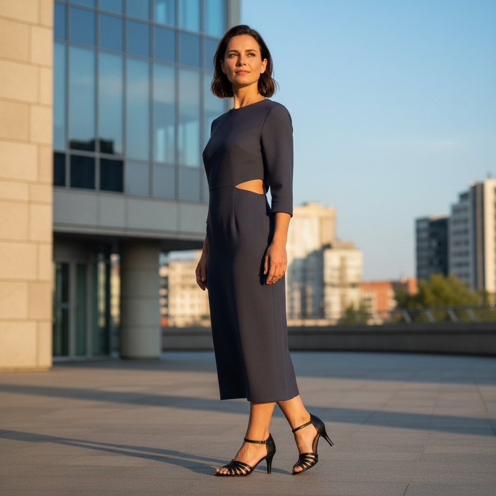 A woman stands on a rooftop terrace wearing a dark slate gray two-piece set consisting of a three-quarter sleeve crop top with a side cutout and a matching midi skirt, paired with black strappy high-heeled sandals.