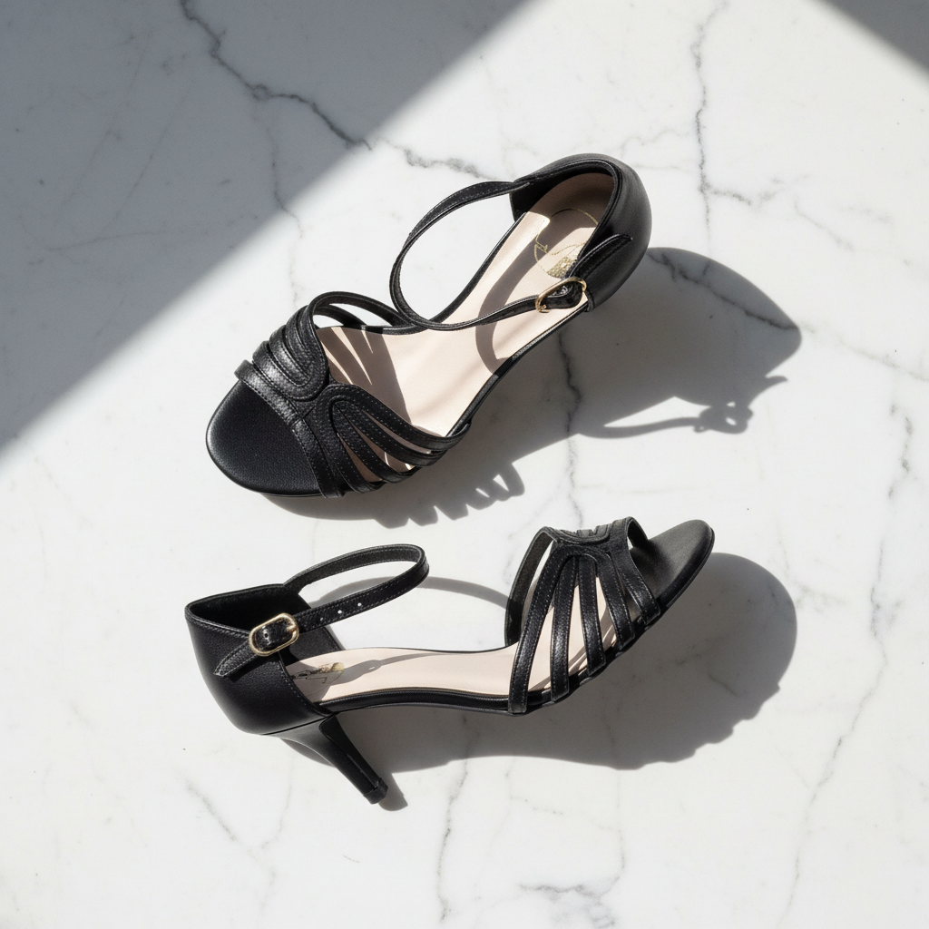 A pair of women's black strappy sandals with low block heels and gold-tone buckle details, displayed on a white marble surface under sharp diagonal sunlight.