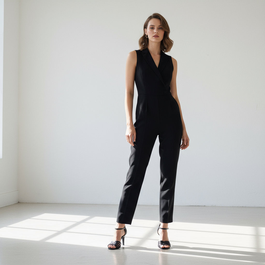 Woman wearing a black jumpsuit standing in a well-lit room with sunlight casting shadows on the floor.