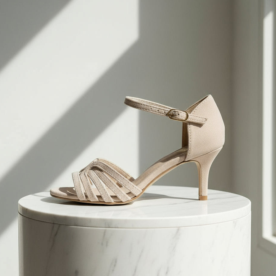 Beige high-heeled sandal on a marble pedestal with sunlight casting shadows.