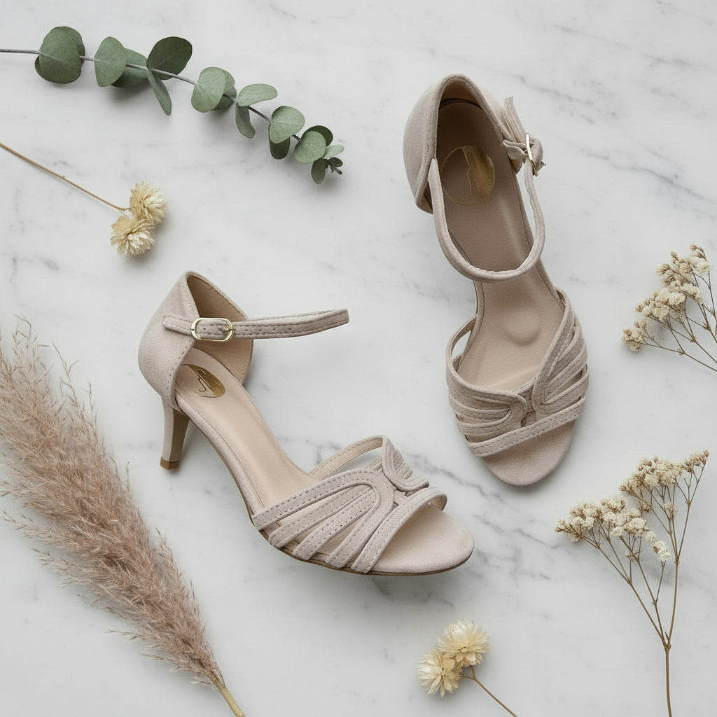 Nude suede NUPTA kitten heel sandals with intricate hand-stitched design and gold buckle on marble floor